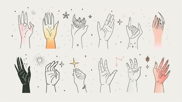 El conjunto de plantillas de logotipo de mano femenina tiene un estilo lineal minimalista con diferentes gestos de mano lunas estrellas cristales Ideales para cosméticos tatuajes de belleza spas manicures y tiendas de joyas