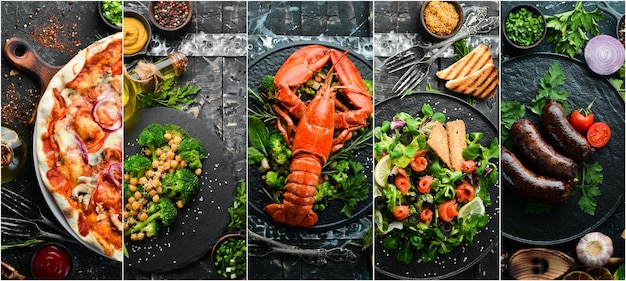 Conjunto de platos fotográficos Conjunto de cocinas de alimentos de los pueblos del mundo Platos y bocadillos sobre fondo de piedra negra