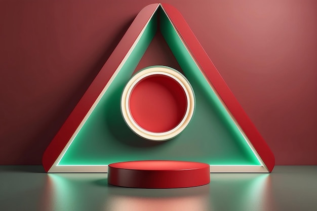 Conjunto de podio abstracto 3D Podio cilíndrico realista con luces de neón en el fondo de la ventana triangular Feliz Navidad Año Nuevo Vitrina de escena de pared mínima
