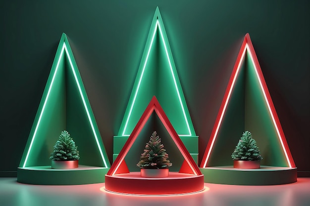 Conjunto de podio abstracto 3D Podio cilíndrico realista con luces de neón en el fondo de la ventana triangular Feliz Navidad Año Nuevo Vitrina de escena de pared mínima