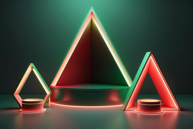 Conjunto de podio abstracto 3D Podio cilíndrico realista con luces de neón en el fondo de la ventana triangular Feliz Navidad Año Nuevo Vitrina de escena de pared mínima