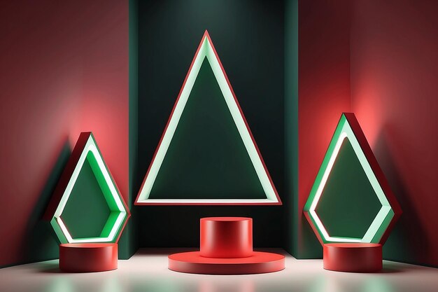 Conjunto de podio abstracto 3D Podio cilíndrico realista con luces de neón en el fondo de la ventana triangular Feliz Navidad Año Nuevo Vitrina de escena de pared mínima