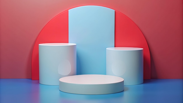 Conjunto de podio de pedestal de cilindro 3D blanco realista con azul amarillo pastel y rosa en semicírculo