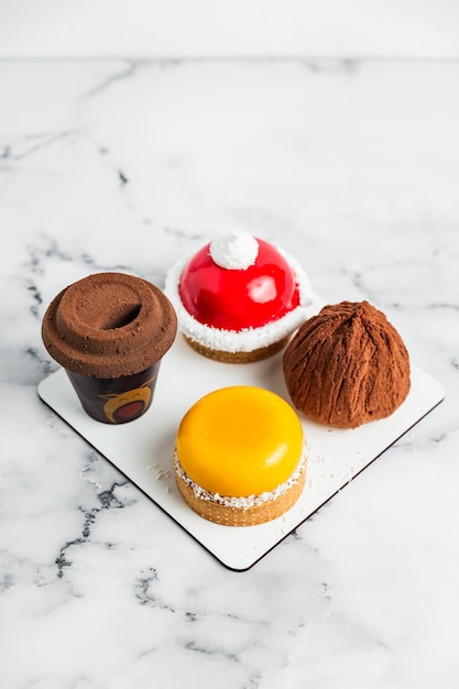 Un conjunto de postres de mousse en mármol blanco claro