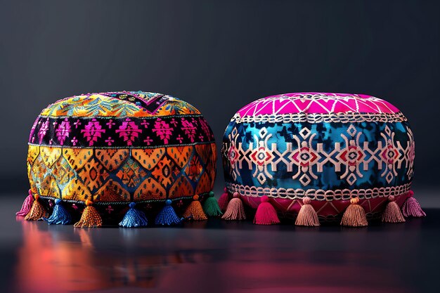Conjunto de Poufs marroquíes de 32 bits de píxeles con patrones bordados y Ta Game Asset Design Concept Art