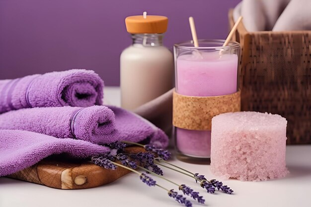 Conjunto para procedimientos de spa velas flores de lavanda toalla acogedor salón relajante generado ia