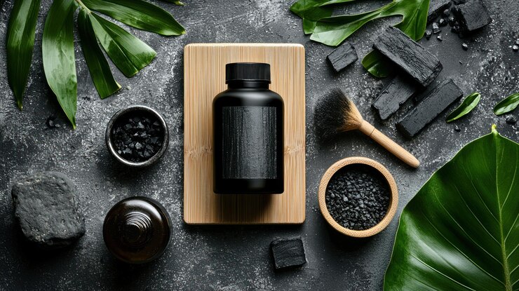 Un conjunto de productos de carbón natural para el cuidado de la piel que simbolizan la creciente tendencia de las soluciones de belleza ecológicas