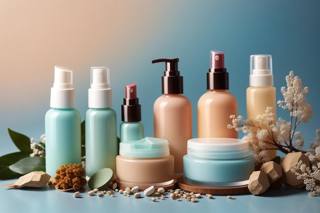 Conjunto de productos cosméticos naturales con fondo de color