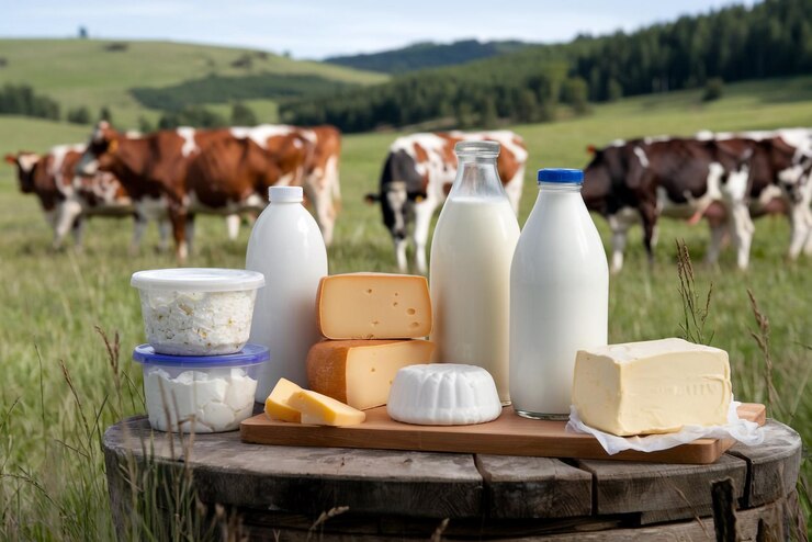 un conjunto de productos lácteos, incluidos el queso lácteo y los productos lácteis