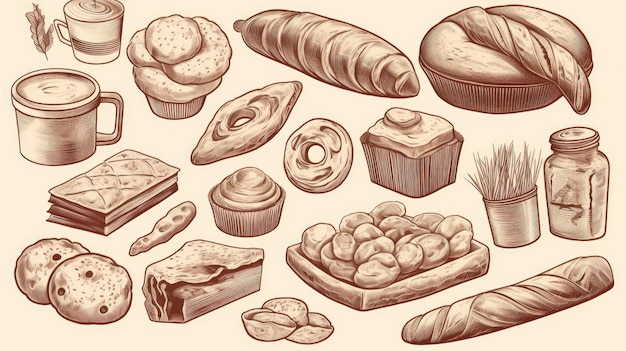 Foto conjunto de productos de panadería, incluidos varios tipos de pan y pasteles