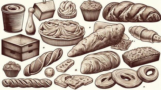 Conjunto de productos de panadería, incluidos varios tipos de pan y pasteles