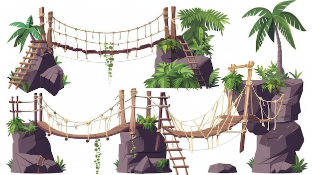 Conjunto de puentes de cuerda aislados sobre un fondo blanco Ilustración de dibujos animados modernos de puentes colgantes de madera con lianas verdes y palmeras con un camino entre bordes rocosos diseño de juego de selva