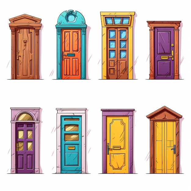 un conjunto de puertas de dibujos animados con diferentes diseños y colores ai generativo