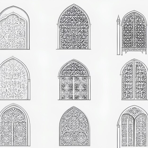 Conjunto de puertas y ventanas islámicas vectoriales con formas de arco de estilo árabe ventanas y puertas de arco árabe