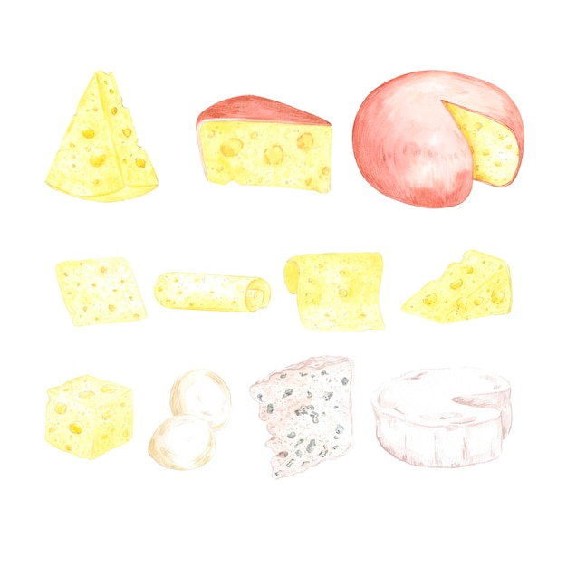 Conjunto de queso de acuarela dibujado a mano aislado sobre fondo blanco Se puede usar para libros de recortes de etiquetas de postales y otros productos impresos