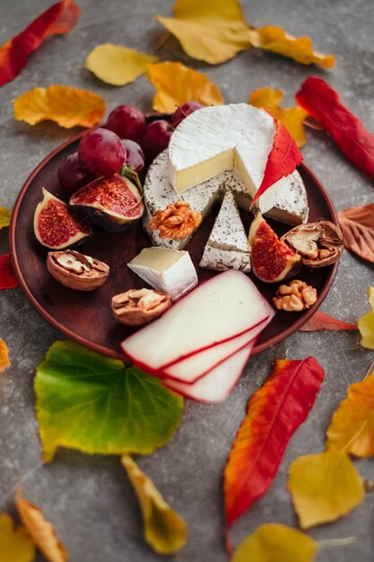 Conjunto de queso añejado en hojas de otoño sobre fondo oscuro