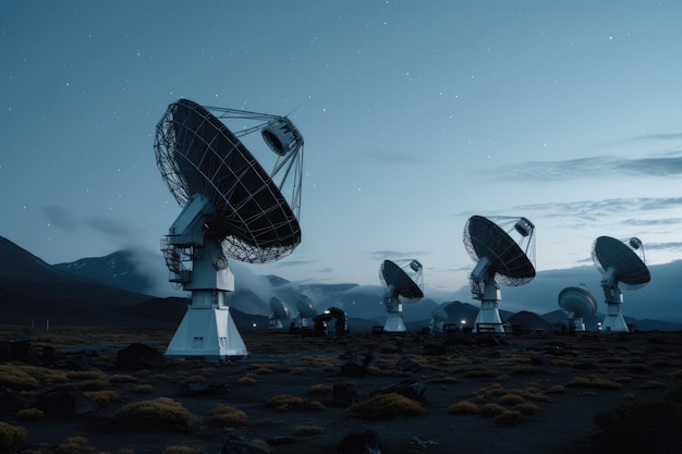 Conjunto de radiotelescopios en la cima de una montaña remota IA generativa