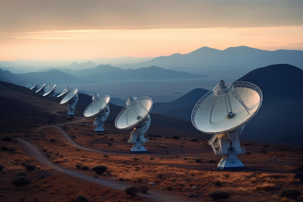 Conjunto de radiotelescopios en la cima de una montaña remota IA generativa