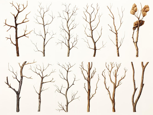 Foto conjunto de ramas de árboles de acuarela sin hojas dibujadas a mano con enganches desnudos aislados sobre un fondo blanco