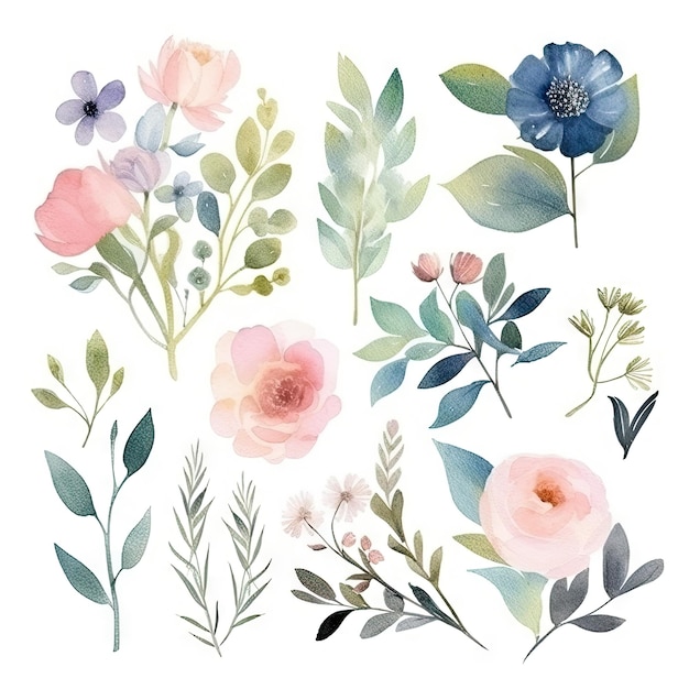 Conjunto de ramo de ilustración floral acuarela colección fondo de flor estacionaria de boda