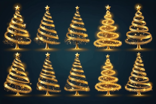 Conjunto realista de árvores de Natal de luz em espiral isoladas em fundo transparente
