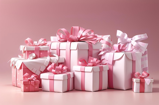 Conjunto de renderización 3D de cajas de regalos envueltas en tema blanco rosa en el concepto de celebración de cumpleaños