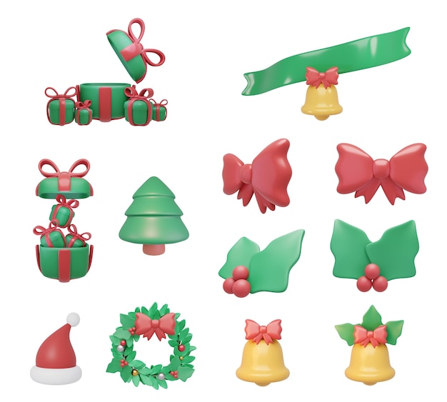 Foto conjunto de renderizado 3d de artículos de navidad para decoración de tarjetas árbol de navidad corona regalo campana bayas concepto de iconos de navidad aislados en blanco 3d render estilo de dibujos animados