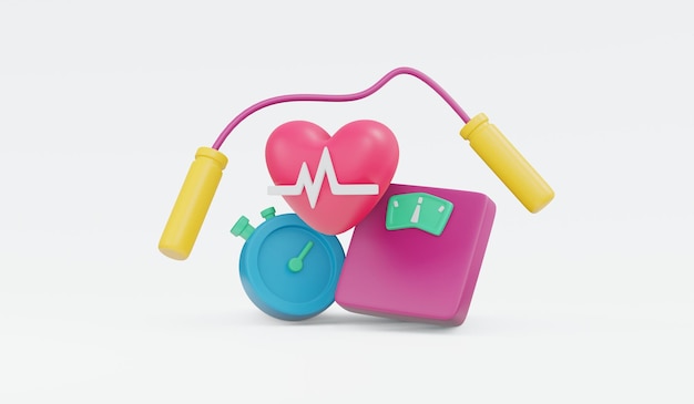 Conjunto de renderizado 3D de icono de ejercicio cardiovascular escala de frecuencia cardíaca temporizador concepto de cuerda de salto de entrenamiento para perder peso aislado sobre fondo blanco Estilo de dibujos animados de ilustración de renderizado 3D