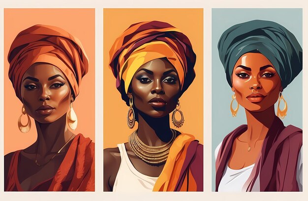 Conjunto de retratos de hermosas mujeres africanas con turbantes