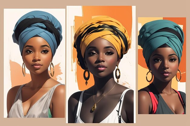 Conjunto de retratos de hermosas mujeres africanas con turbantes