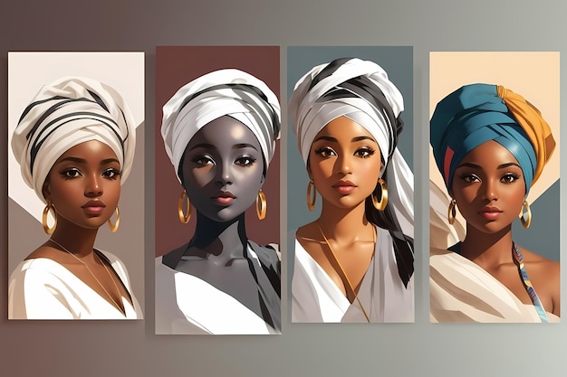Conjunto de retratos de mujeres africanas con turbantes
