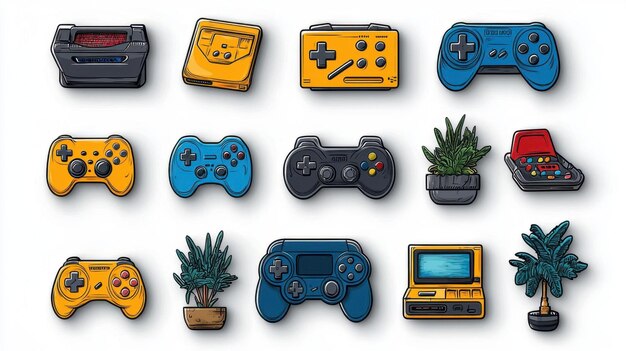 Un conjunto retro de iconos que representan los diferentes tipos de juegos que se pueden jugar en una consola de videojuegos clásica