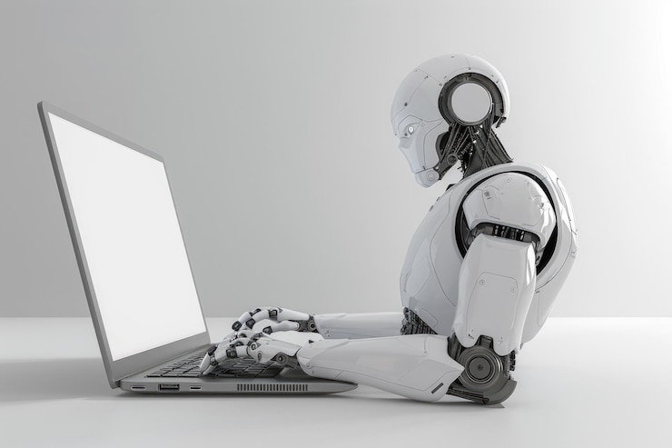 Foto conjunto de robot ai usando maqueta blanca de portátil en 3d sin fondo para la decoración