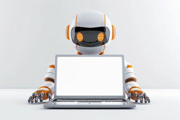 Conjunto de robot AI usando maqueta blanca de portátil en 3D sin fondo para la decoración