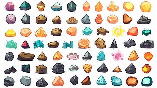 un conjunto de rocas de dibujos animados y gemas con diferentes formas generativas ai