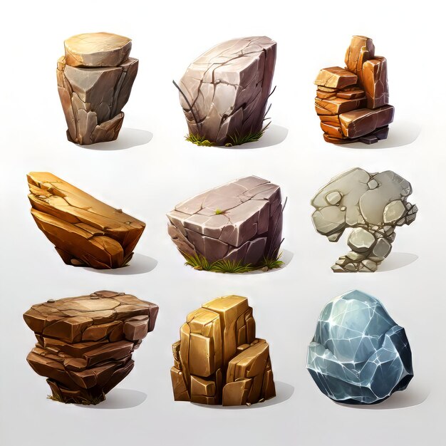 Foto conjunto de rocas y minerales aislados sobre un fondo blanco ilustración vectorial