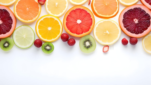 Conjunto de rodajas de frutas frescas del jardín en medio de hierbas