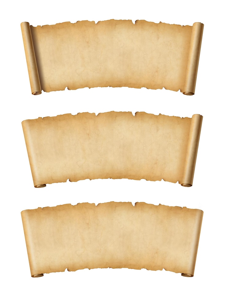 Foto conjunto de rollo de papel pergamino antiguo aislado en banners horizontales blancos