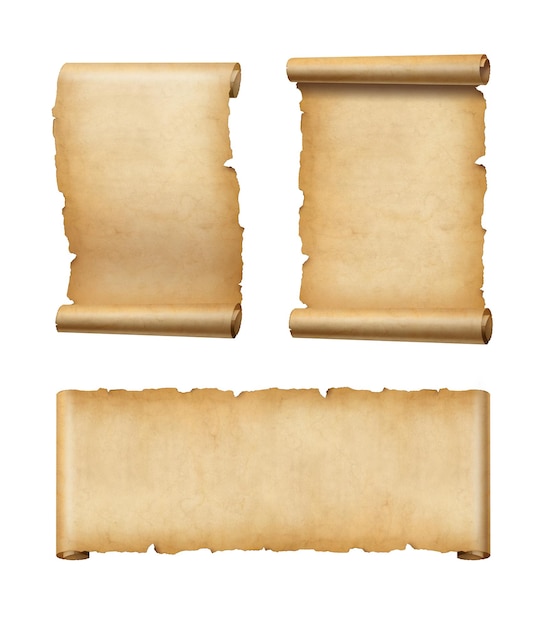 Conjunto de rollo de papel pergamino antiguo aislado en blanco Banners horizontales y verticales