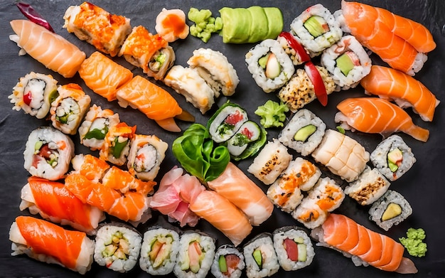 Conjunto de rollos de sushi de comida asiática sobre un fondo negro