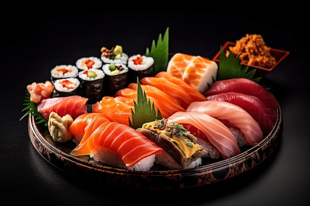 Conjunto de rollos de sushi y sashimi Menú de sushi Cocina japonesa Ilustración generativa de IA