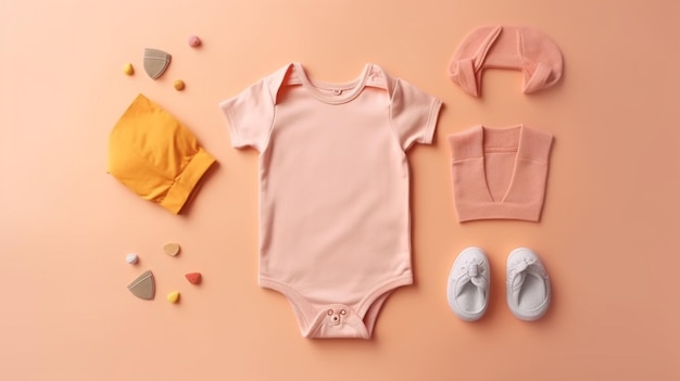Un conjunto de ropa de bebé rosa que incluye una ropa de bebé y una ropa de bebé.