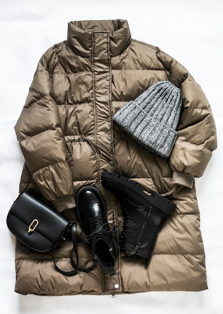 Conjunto de ropa de invierno para mujer cálida comodidad abajo chaqueta botas de cuero con piel un sombrero y una bolsa de cuero sobre un fondo claro vista superior Concepto de temporada de moda