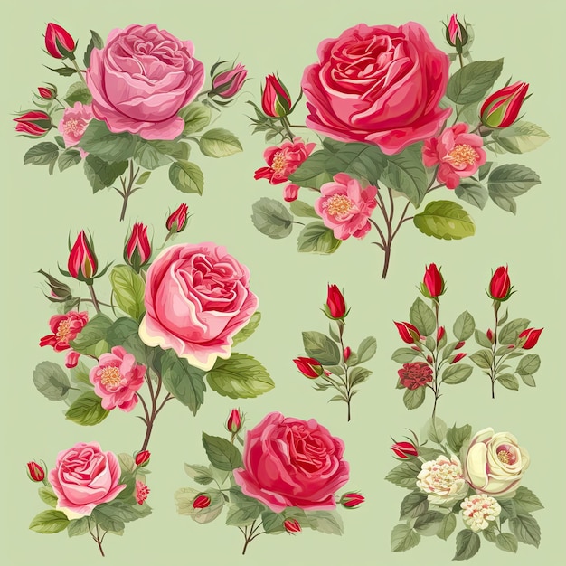 Foto un conjunto de rosas aislado sobre un fondo verde