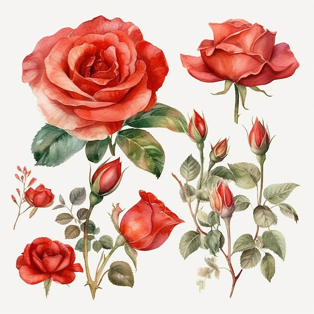 Un conjunto de rosas rojas con hojas y flores.