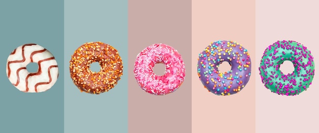 Conjunto de rosquillas con esmaltes de colores aislados en colores pastel para pancartas, volantes, carteles publicitarios