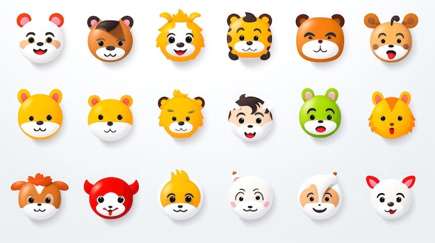 Foto conjunto de rostros de dibujos animados expresiones de rostros emojis pegatinas emoticones dibujos animados personajes de mascotas divertidas