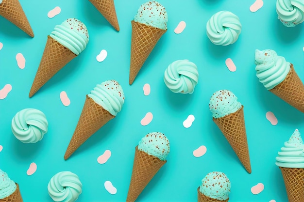 Foto conjunto de sabrosos helados. dulces helados de manjar de verano, helados con diferentes sabores, conos de helado aislados de colección y paletas con diferentes topping. ilustración para web, diseño, impresión.