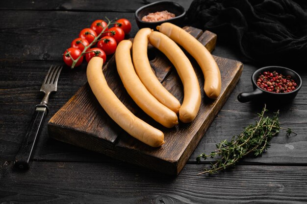 Conjunto de salchichas crudas, sobre fondo de mesa de madera negra