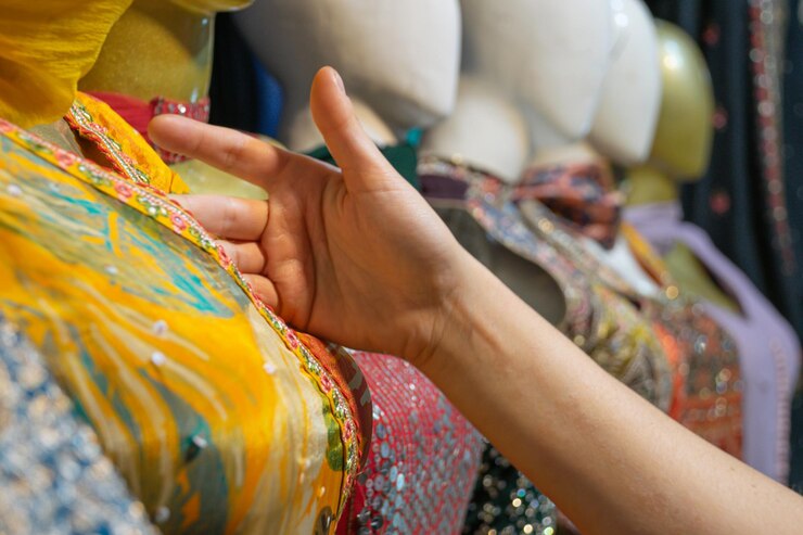 Conjunto de saris exhibidos en maniquíes en mercados callejeros y bazares en Nueva Delhi